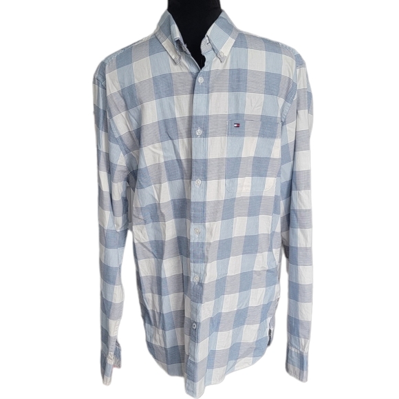Men's Tommy Hilfiger Blue & White Plaid Cotton Button Down Shirt Size Large - Picture 1 of 5